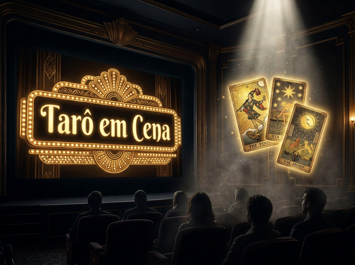 Sala de cinema com cena de filme e cartas de tarô flutuando, e a logo Well Tarô iluminada por um refletor dourado
